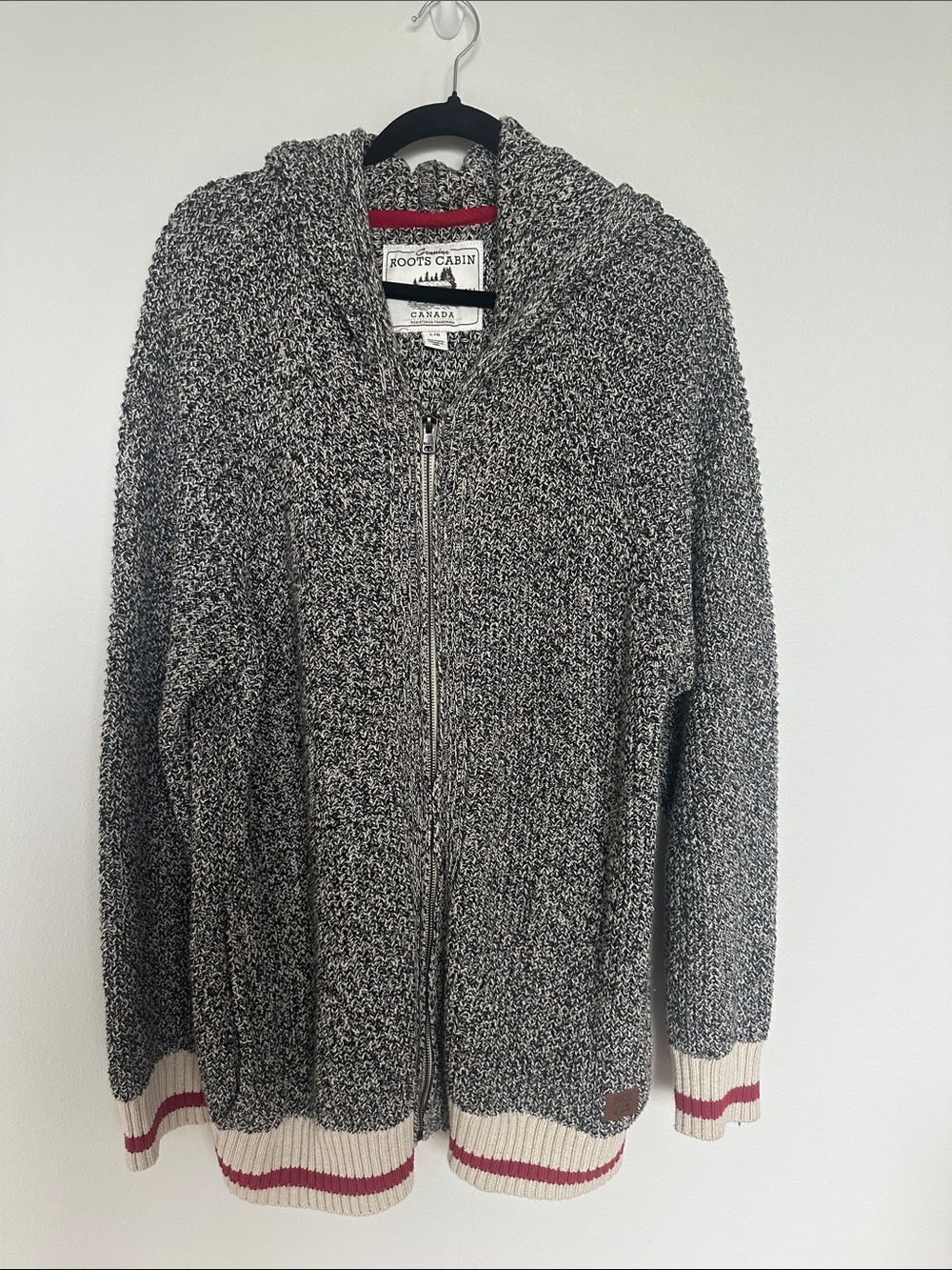 Roots Cabin Marled Black & White Knit Zip Hoodie with Cream and Red Trim